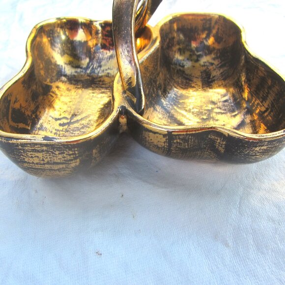 VTG STANGL POTTERY BLACK & GOLD DIVIDED CERAMIC DBL PEAR DISH - Picture 4 of 6